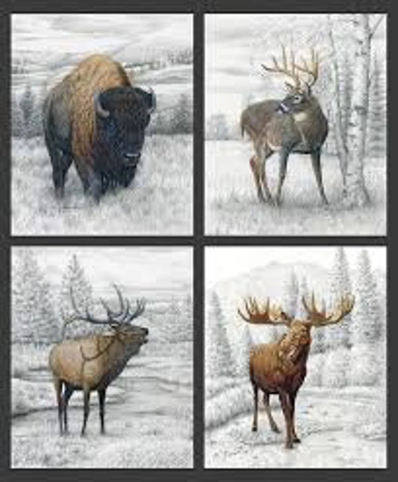 Big Game Fabric Panel 36"x43", PPD 12978 fabric by Riley Blake, Wildlife Bed Quilt Buffalo Bugling Elk Whitetail Deer Moose Wall Hanging