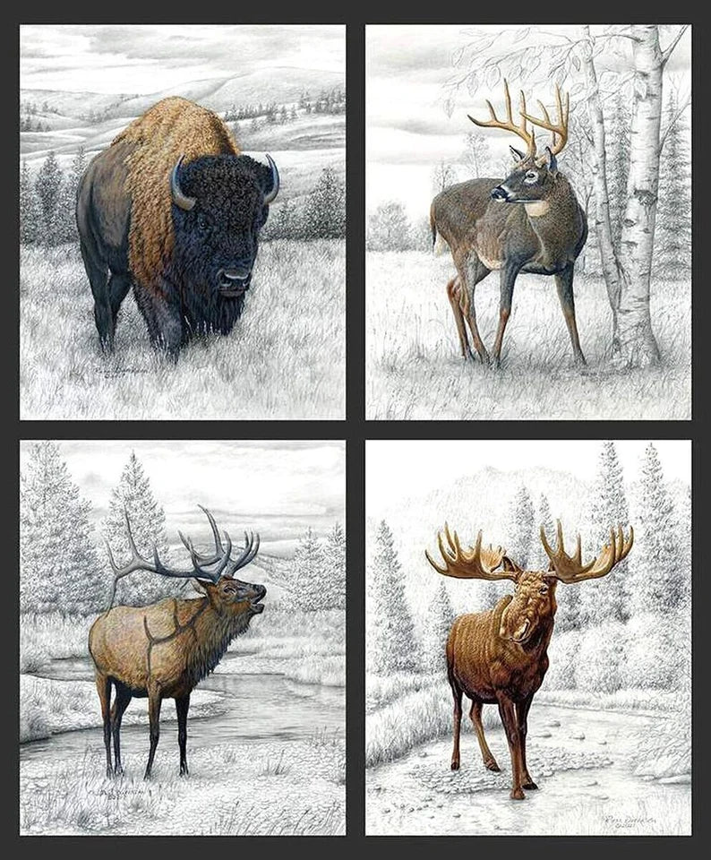 Big Game Fabric Panel 36"x43", PPD 12978 fabric by Riley Blake, Wildlife Bed Quilt Buffalo Bugling Elk Whitetail Deer Moose Wall Hanging
