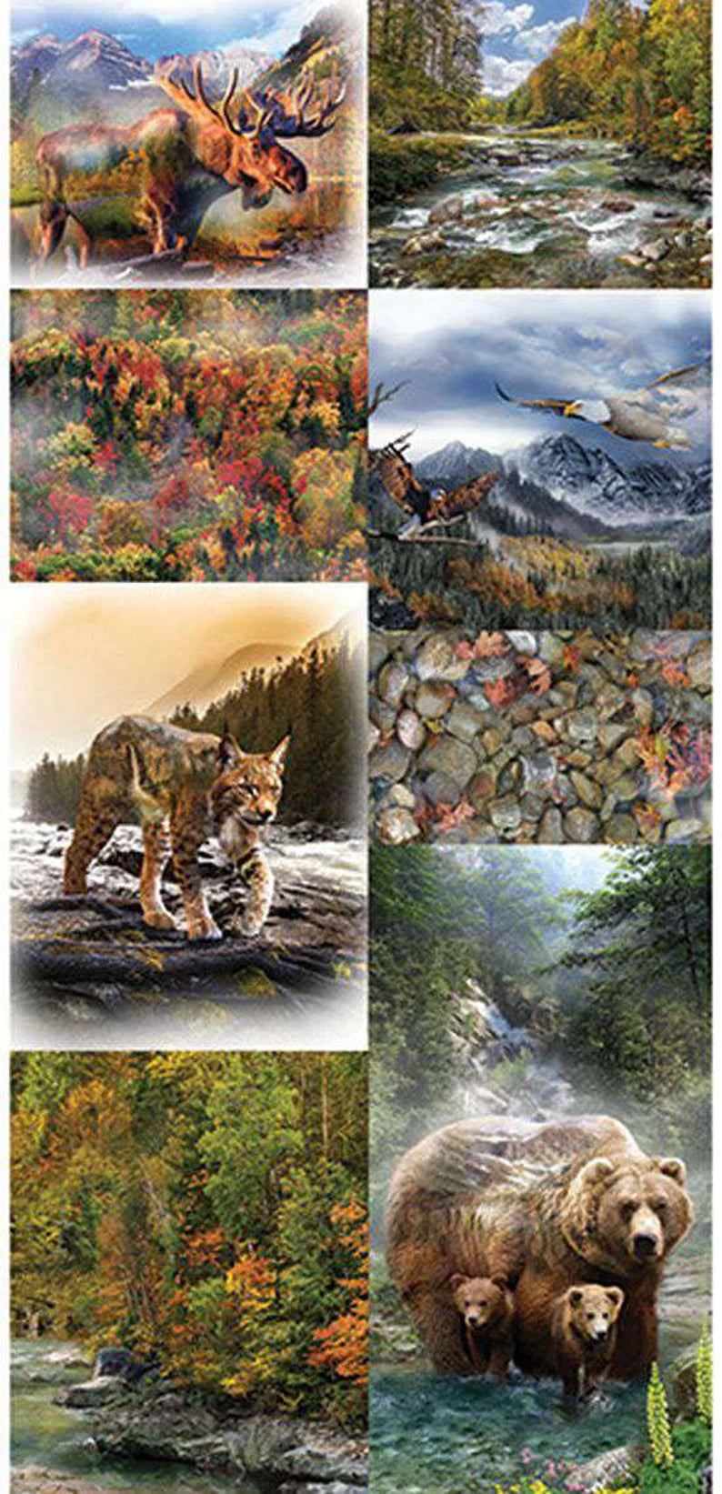 Quilt Kit 41”x67", Call of the Wild fabrics by Hoffman, Moose Bobcat Grizzly Bears Forest Fall Gift Bed Quilt Stream Trees