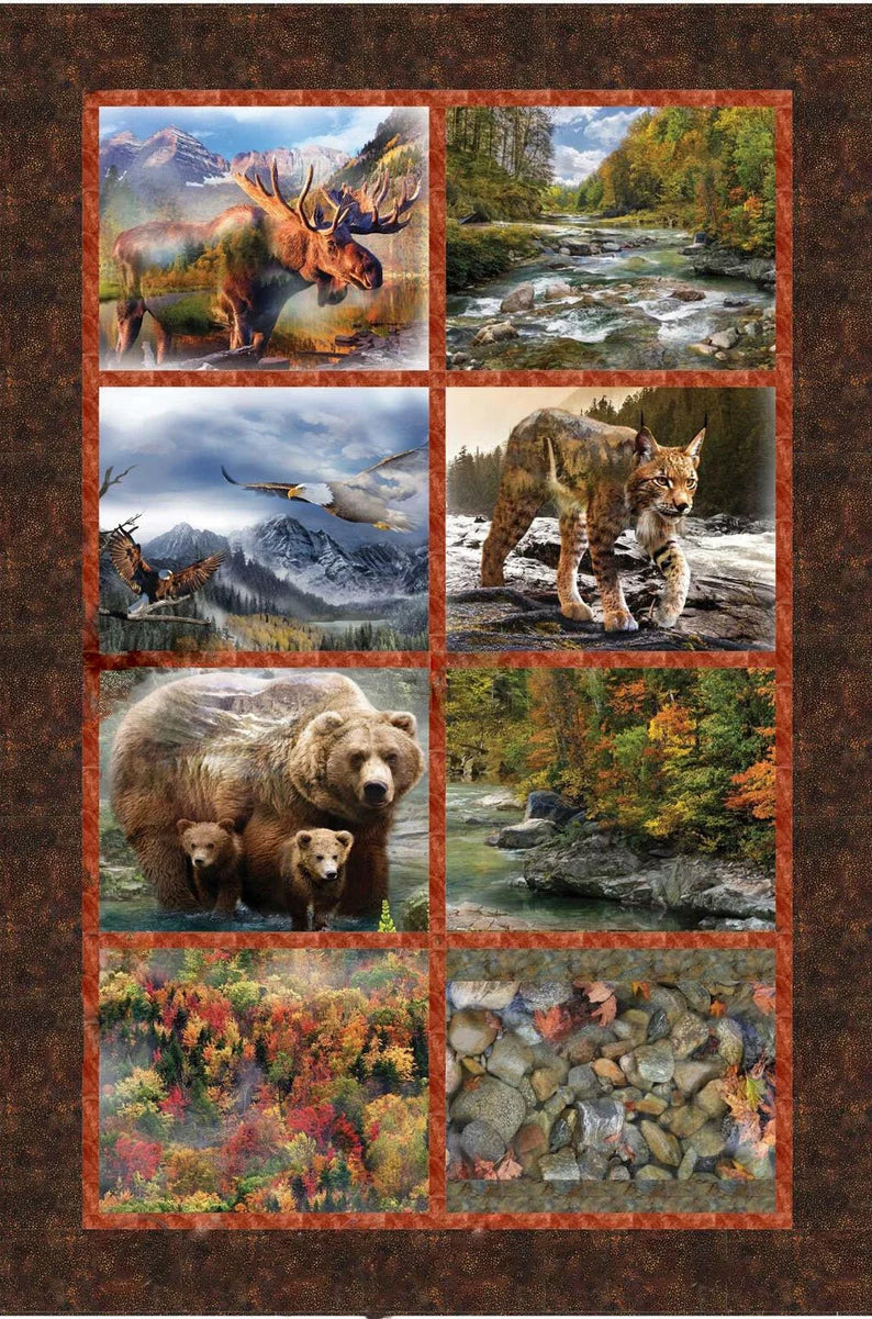 Quilt Kit 41”x67", Call of the Wild fabrics by Hoffman, Moose Bobcat Grizzly Bears Forest Fall Gift Bed Quilt Stream Trees