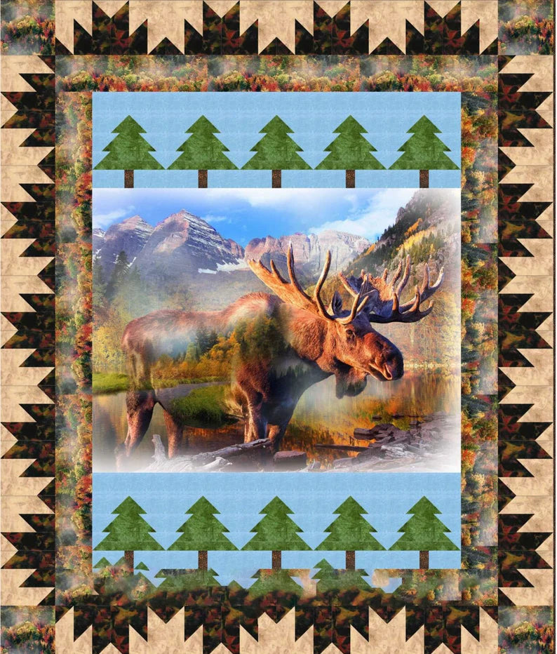 Quilt Kit Moose 60"x72", Moose Quilt Kit featuring Hoffman Fabrics, Wildlife Moose Outdoors Bed Quilt Queen