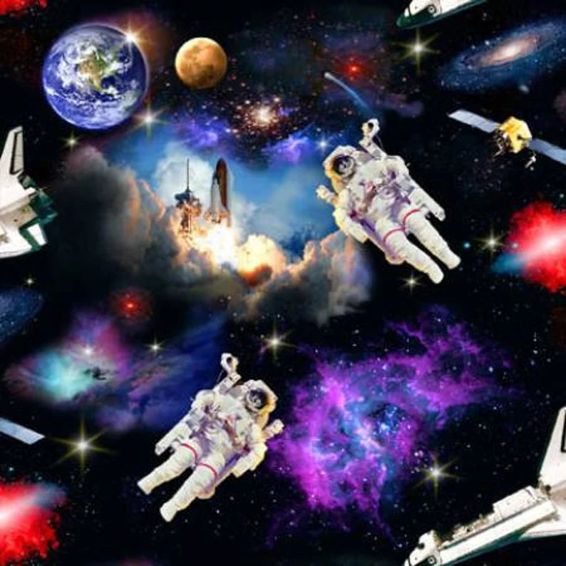 Astronauts Planets Fabric 1/2 Yard, In Space 1298E-Blk fabrics by Elizabeth's Studios, Galaxy Gift Bed Quilt Outer Space Planets Universe