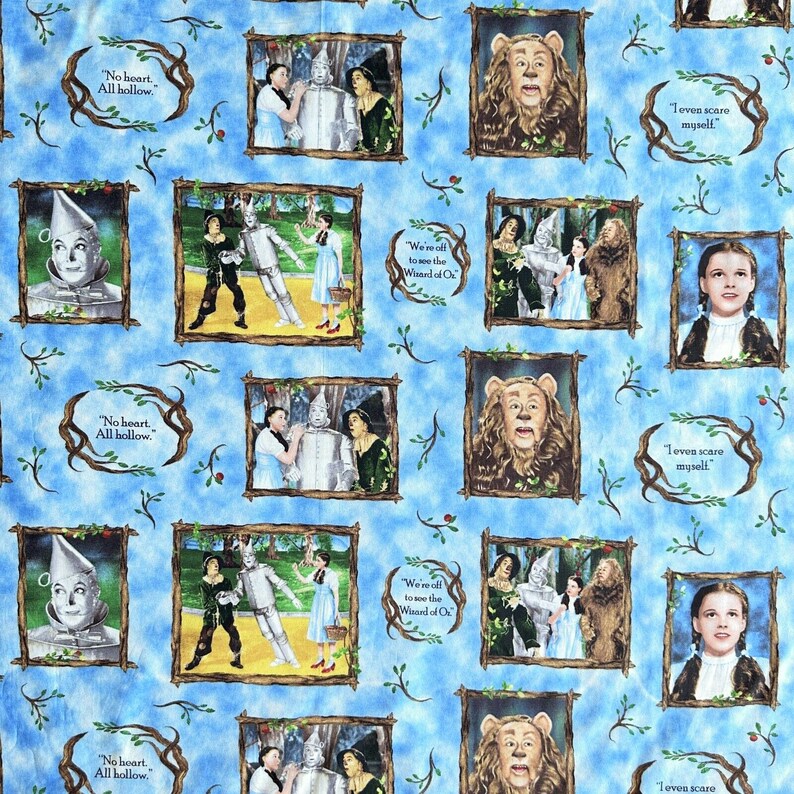Wizard of Oz fabric 1/2 yard, Judy Garland as Dorothy Glinda Tin Man Cowardly Lion Scarecrow Slippers Quilt