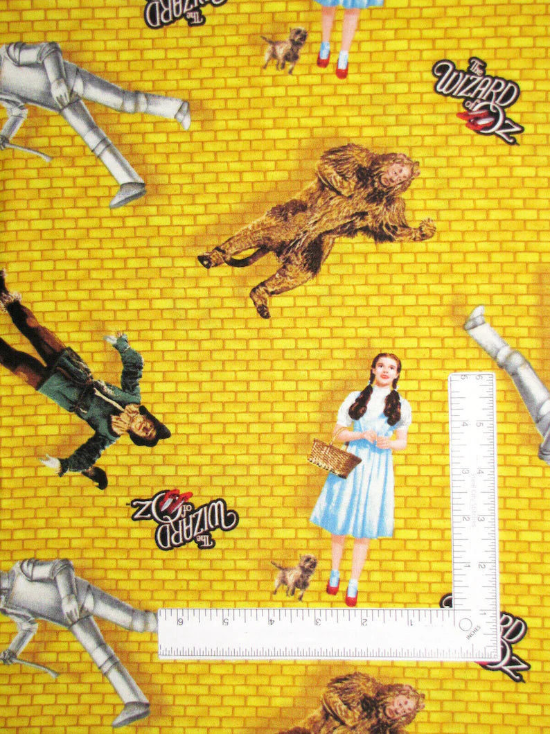 Yellow Brick Road Wizard of Oz Characters fabric 1/2 yard, Judy Garland as Dorothy Glinda Tin Man Cowardly Lion Scarecrow Slippers Quilt