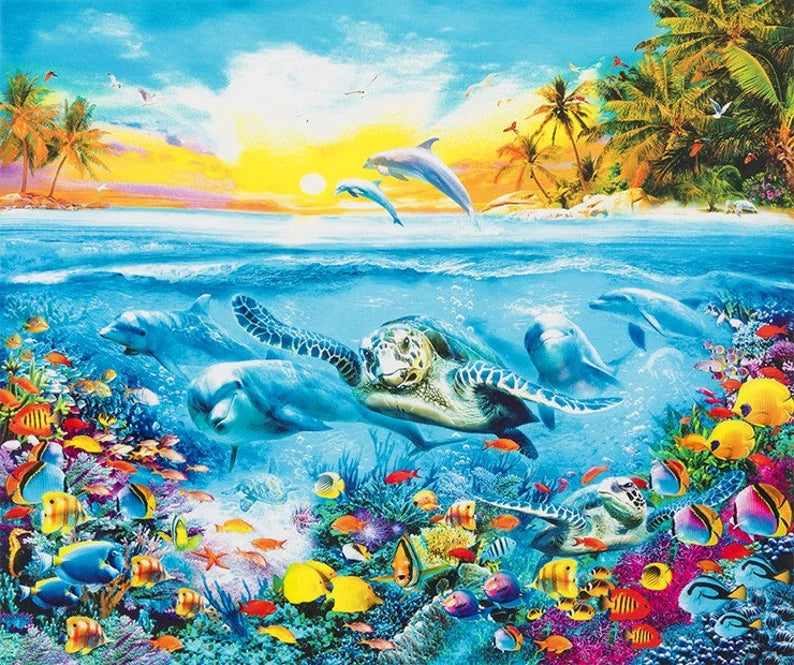 Adventure Fabric Panel 43"x35", AYK-17574-267 by Robert Kaufman , Dolphin Octopus Clownfish Fish Turtle Palm Trees Reef Coral
