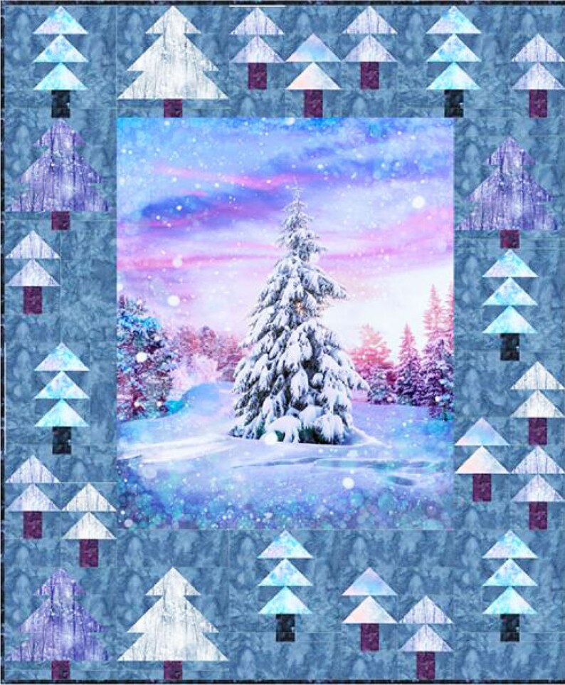 Quilt Kit 60"x72", Tree Quilt Kit using Sugarplum Fabrics by Hoffman Fabrics, Snowy Tree Twilight Northern Lights Gift Bed Quilt Lap Queen