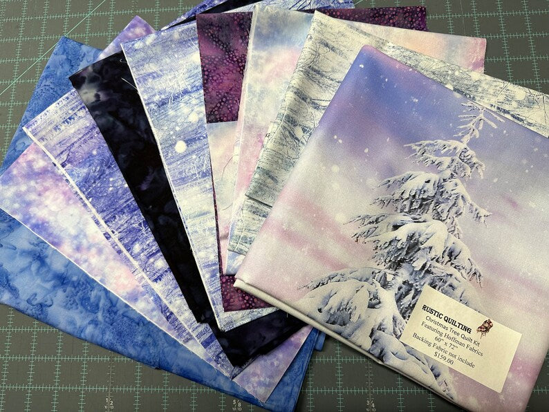 Quilt Kit 60"x72", Tree Quilt Kit using Sugarplum Fabrics by Hoffman Fabrics, Snowy Tree Twilight Northern Lights Gift Bed Quilt Lap Queen