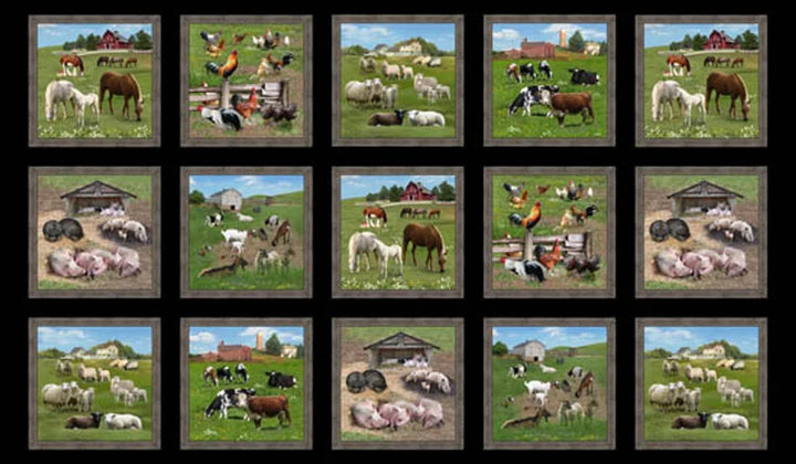 Farm Animals Fabric Panel 24"x43", Elizabeth's Studios, Ducks Chicken Rooster Cow Horse Red Barn Goats Cow Pigs Farm