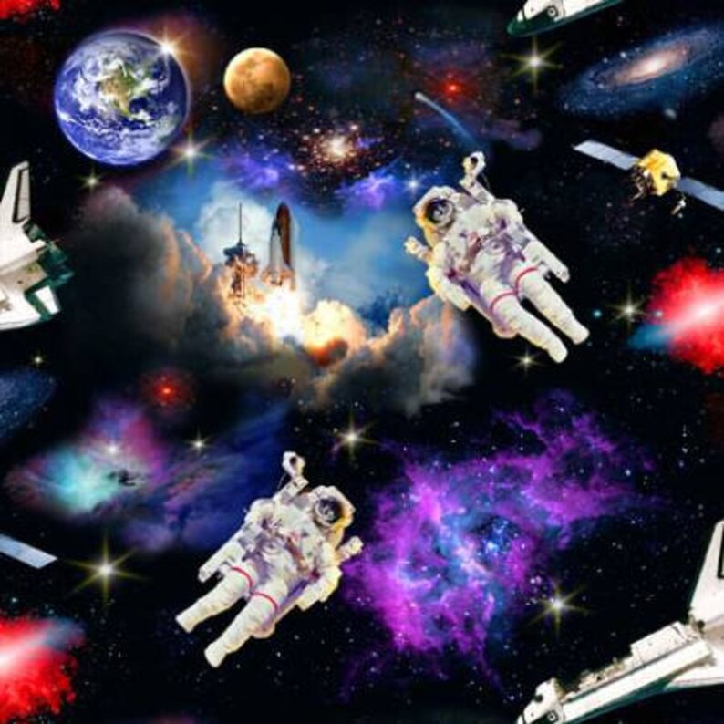 Quilt Kit 72"x92", Warp Speed using fabrics from the In Space by Elizabeth Studio Bed Quilt Planets Earth Saturn Mars Pluto Astronauts