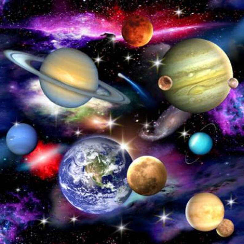 Quilt Kit 72"x92", Warp Speed using fabrics from the In Space by Elizabeth Studio Bed Quilt Planets Earth Saturn Mars Pluto Astronauts