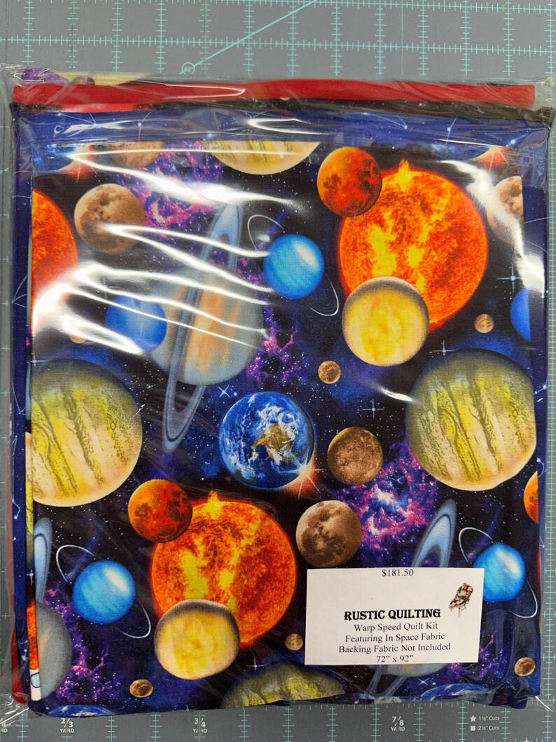 Quilt Kit 72"x92", Warp Speed using fabrics from the In Space by Elizabeth Studio Bed Quilt Planets Earth Saturn Mars Pluto Astronauts
