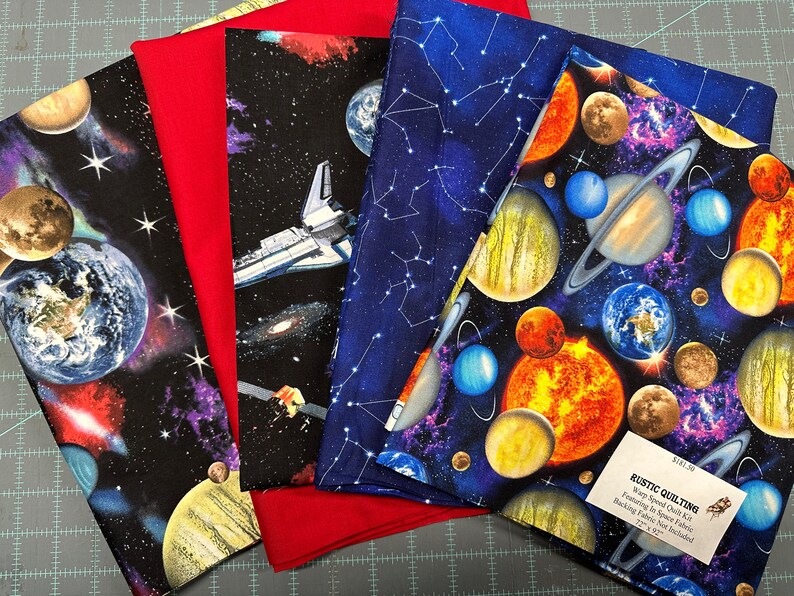 Quilt Kit 72"x92", Warp Speed using fabrics from the In Space by Elizabeth Studio Bed Quilt Planets Earth Saturn Mars Pluto Astronauts
