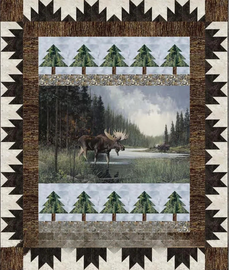 Quilt Kit 60"x72", Moose Lake, Northcott fabrics Bed Quilt Forest Trees Moose in Lake Stream River bark stones Wildlife Moose bed quilt