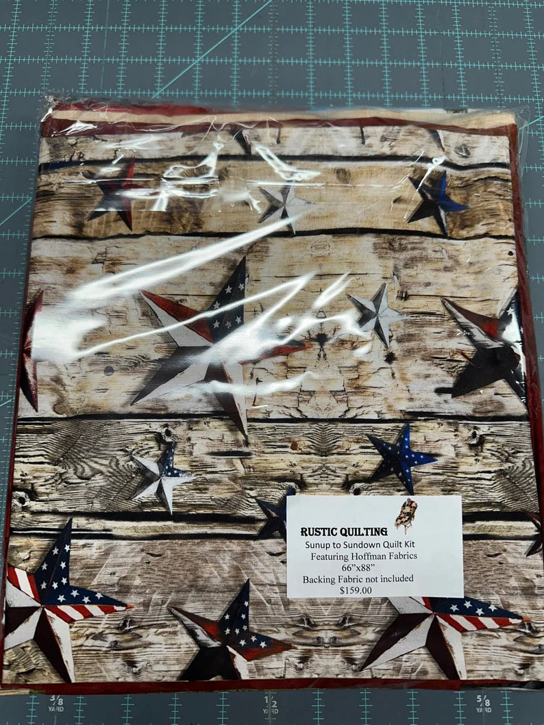 Quilt Kit 66”x88", Sun Up to Sun Down fabrics by Hoffman, Red Barn Horses Farm Lift Gift Bed Quilt Stream Cows USA Flag