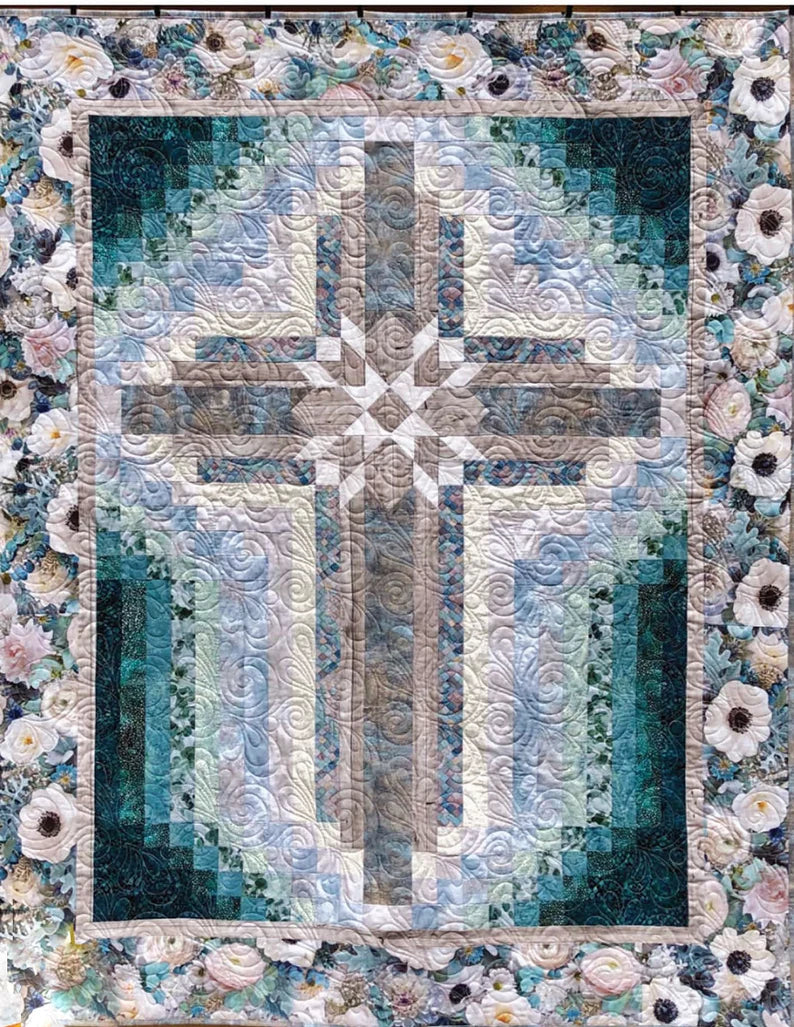 RARE Quilt Kit Farmhouse Blooms Cross 46"x60", Hoffman Fabrics, Floral Gift Quilt Wall Hanging Lap Flowers Woodgrain, Discontinued Fabric!