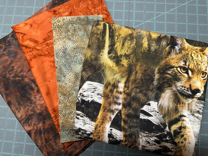 Quilt Kit 41”x67", Call of the Wild fabrics by Hoffman, Moose Bobcat Grizzly Bears Forest Fall Gift Bed Quilt Stream Trees