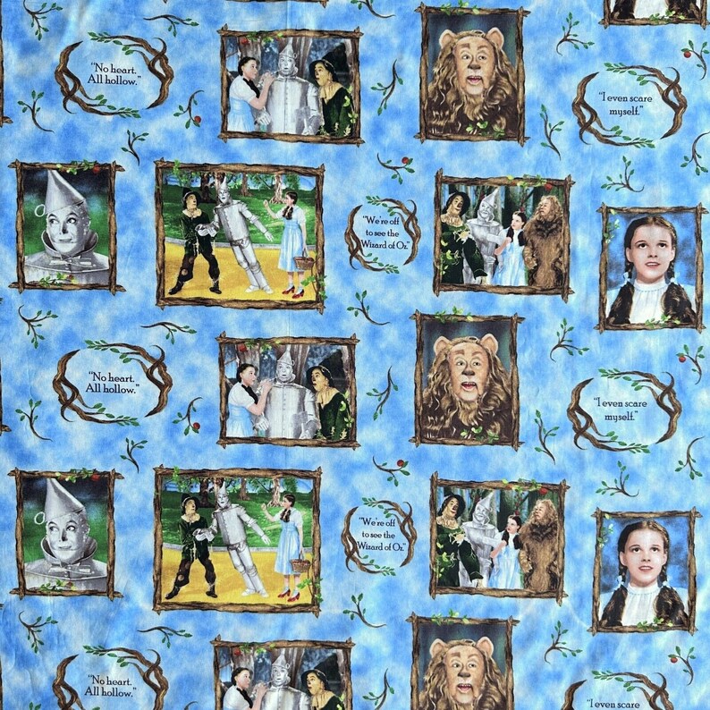 Wizard of Oz fabric 1/2 yard, Judy Garland as Dorothy Glinda Tin Man Cowardly Lion Scarecrow Slippers Quilt