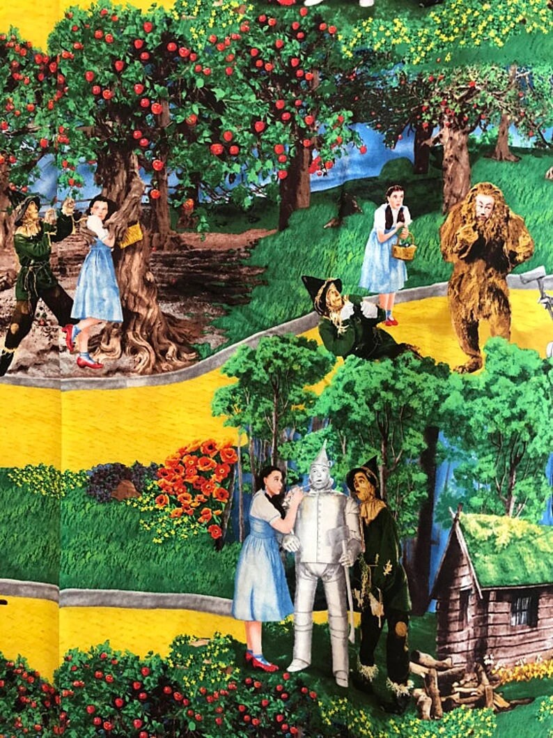 Wizard of Oz fabric 1/2 yard, Judy Garland as Dorothy Glinda Tin Man Cowardly Lion Scarecrow Slippers Quilt
