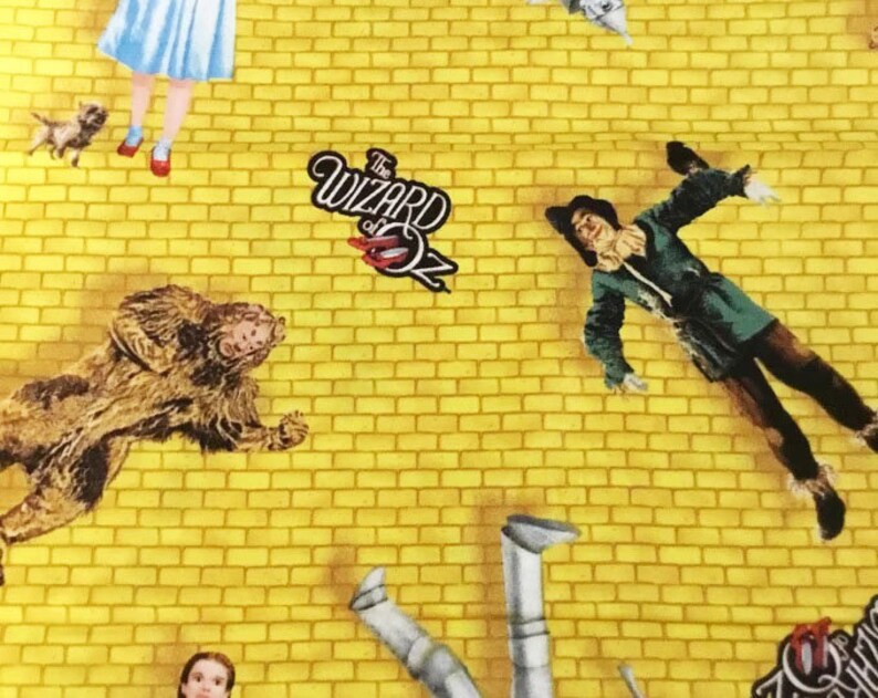 Yellow Brick Road Wizard of Oz Characters fabric 1/2 yard, Judy Garland as Dorothy Glinda Tin Man Cowardly Lion Scarecrow Slippers Quilt