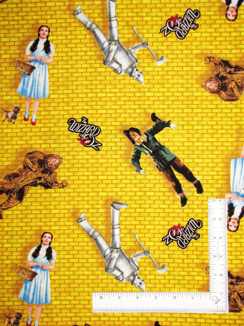 Yellow Brick Road Wizard of Oz Characters fabric 1/2 yard, Judy Garland as Dorothy Glinda Tin Man Cowardly Lion Scarecrow Slippers Quilt
