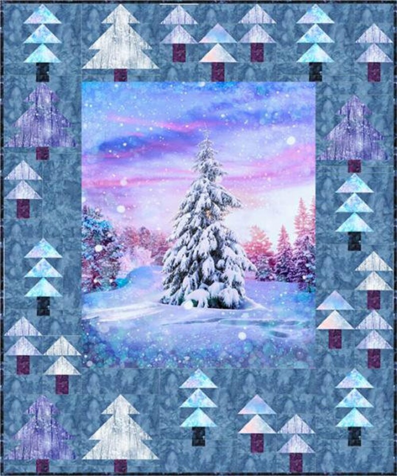 Quilt Kit 60"x72", Tree Quilt Kit using Sugarplum Fabrics by Hoffman Fabrics, Snowy Tree Twilight Northern Lights Gift Bed Quilt Lap Queen