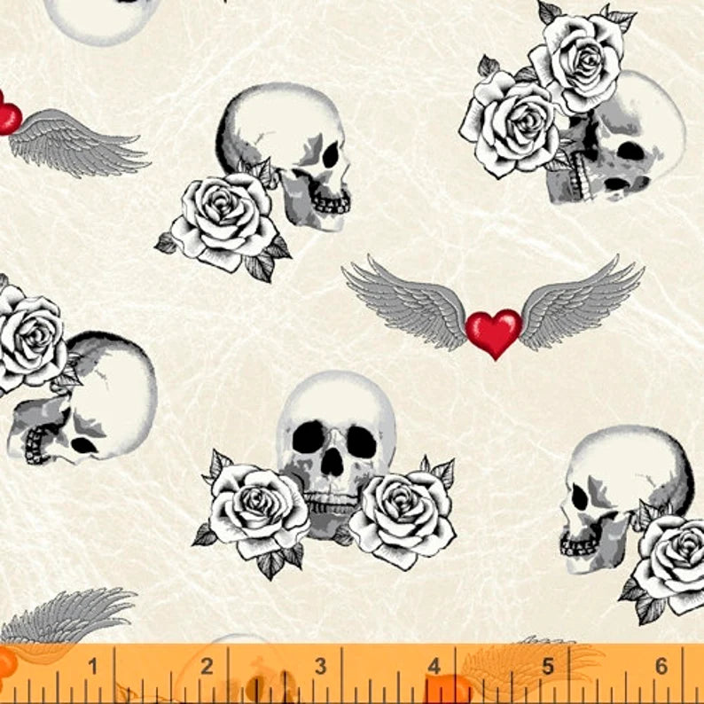 Skull Roses Fabric 1/2 Yard, 5241-1 Born To Ride by Windham Fabrics, White Skull Roses Hearts Motorcycle Wings Bed Blanket Quilt Riding