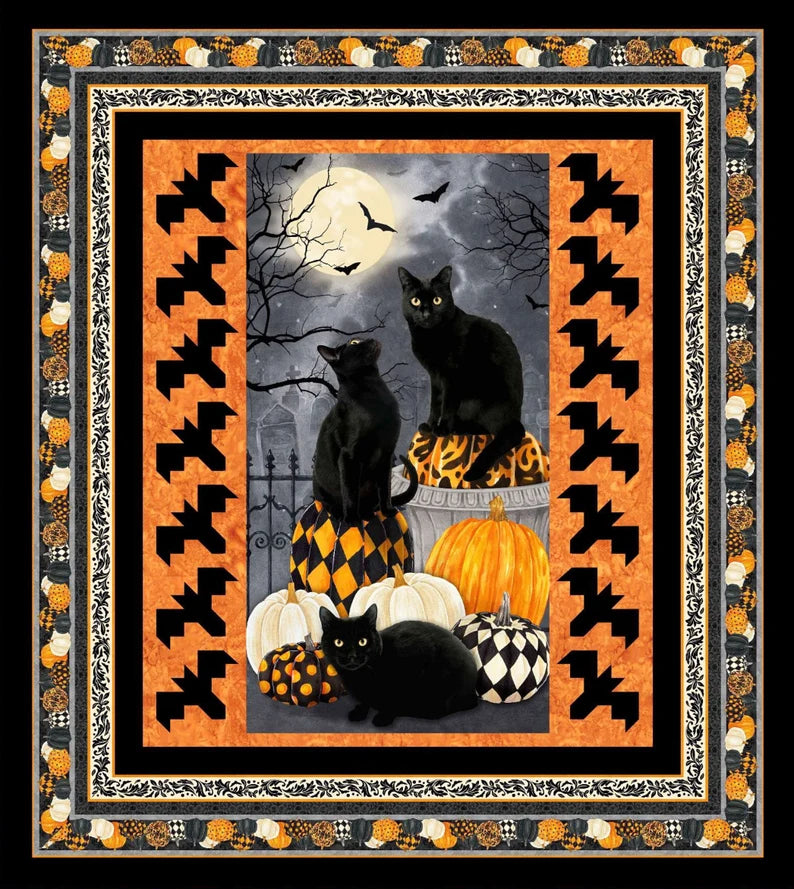 Quilt Kit 58"x65", Hallow's Eve fabrics by Northcott fabrics Bed Gift Quilt Black Cats Pumpkins Spooky Halloween Bats