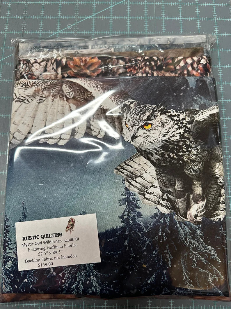 Quilt Kit 57”x87", Mystic Owl Wildlife by Hoffman, Owl Log Cabin Northern Lights Gift Bed Quilt Forest Winter Queen Throw Lap