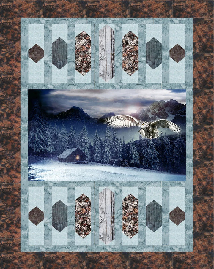 Quilt Kit 57”x87", Mystic Owl Wildlife by Hoffman, Owl Log Cabin Northern Lights Gift Bed Quilt Forest Winter Queen Throw Lap