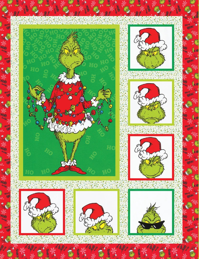 Christmas Mischief Grinch Quilt Kit 49"x62", Grinch fabrics by Robert Kaufman, Grinch Gift Quilt Wall Hanging Table Runner Blanket Bag Gift