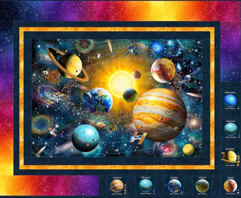 Quilt Kit 64"x51", Universe fabrics by Northcott fabrics Bed Quilt Planets Earth Saturn Mars Jupiter Outer Space Pluto Astronauts