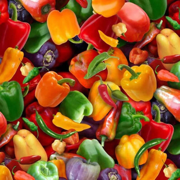 Peppers Fabric, Sold by the Half Yard, 389E-MLT Elizabeth Studios, Food Fabrics