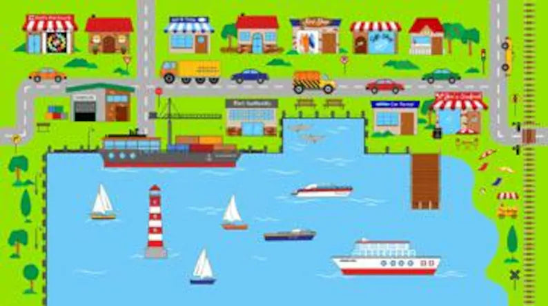 Playmat fabric panel 24"x42", Connector Ships Sea Playmat by Northcott, Train bed gift quilt wall hanging
