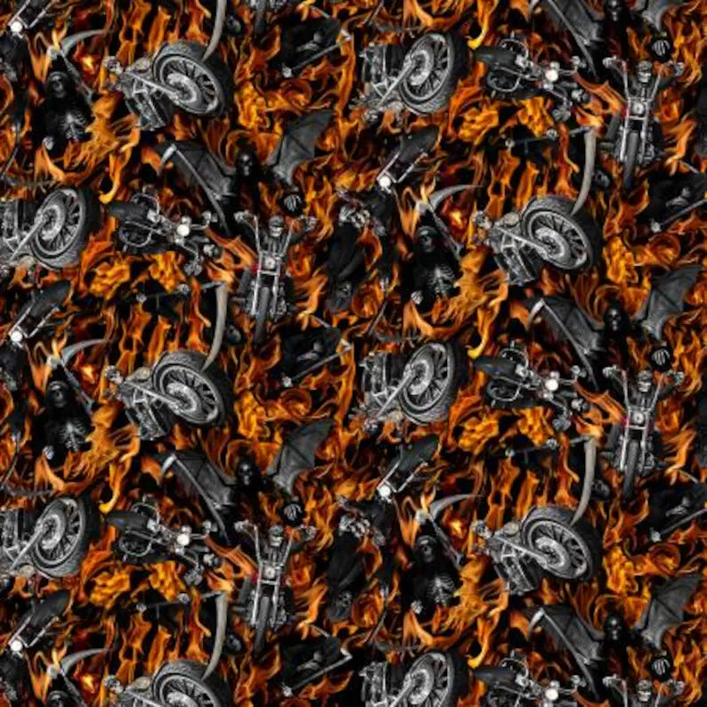Flame Grim Reaper's Motorcycle Fabric 1/2 Yard, CD2415-Flame by Timeless Treasures, Motorcycle Gifts Quilt Guy Men Bed Blankets Wall Hanging