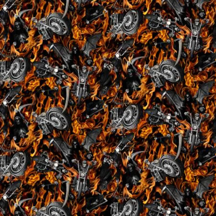 Flame Grim Reaper's Motorcycle Fabric 1/2 Yard, CD2415-Flame by Timeless Treasures, Motorcycle Gifts Quilt Guy Men Bed Blankets Wall Hanging
