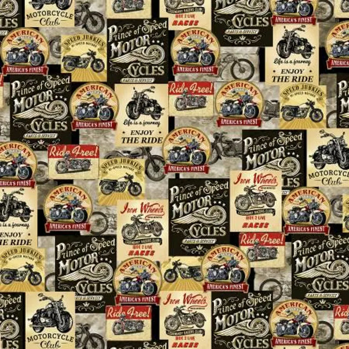 Motorcycle For Sale Fabric 1/2 Yard, C8049-MLT by Timeless Treasures, Motorcycle Gifts Quilt Guy Men Bed Blankets Wall Hanging
