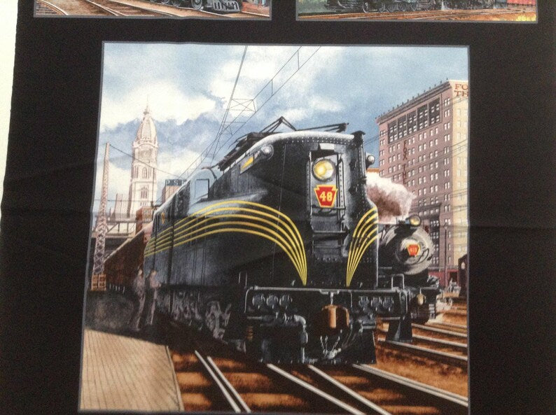 Train Fabric Panel 23"x43", All Aboard #8500 fabric by Elizabeth Studios, Train quilt gift for men boys bed quilt wall hanging locomotive
