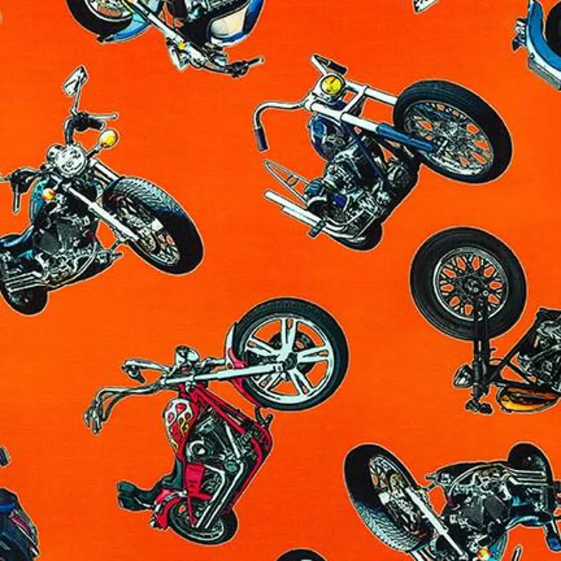 Motorcycle Fabric 1/2 Yard, SRKD-20201-8 Orange by Robert Kaufman, Motorcycle Bed Blanket Quilt Wall Hanging Riding, RARE FIND