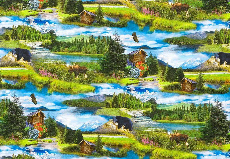 Nature’s Wonder Fabric 1/2, SRKD-20815-268 by Robert Kaufman, Wildlife Quilt Bald Eagle Bear Moose Log Cabin Ocean