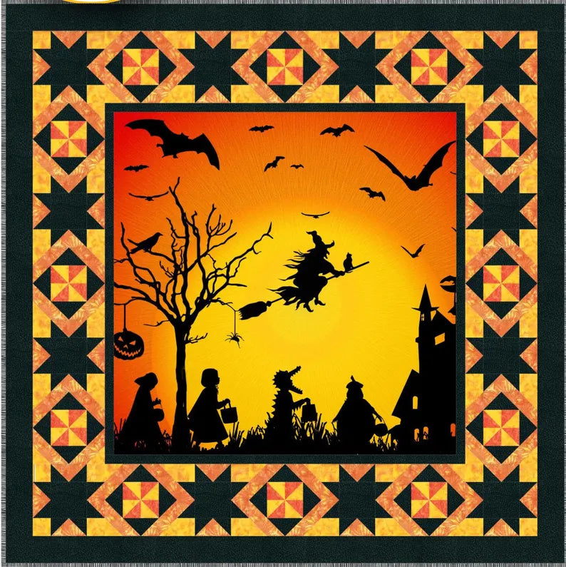 RARE Trick or Treat Kit 62"x62", Hoffman Fabrics, Witch on Midnight Flight Gift Quilt Wall Hanging Lap Discontinued Fabric!