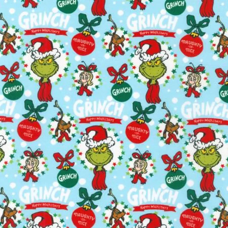 Grinch Fabric Sold by the Half Yard, ADE20278223 Robert Kaufman, Grinch Blue Quilt Wall Hanging Placemats Table Runner Blanket Bag Gift