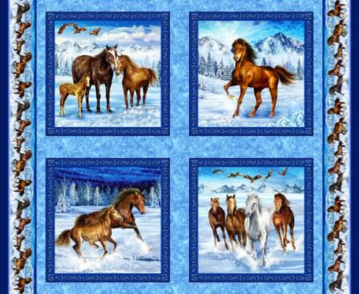 Horse Pillow Fabric Panel 36"x43", Running Wild Horse Panel # 596441 Winter Gift Quilt Wall Hanging Table Runner Bed Quilt