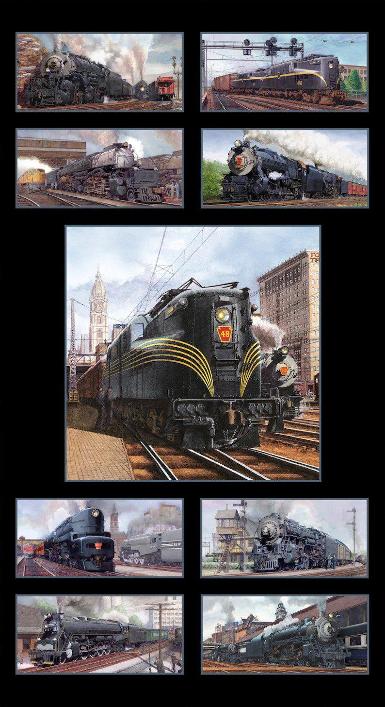 Train Fabric Panel 23"x43", All Aboard #8500 fabric by Elizabeth Studios, Train quilt gift for men boys bed quilt wall hanging locomotive