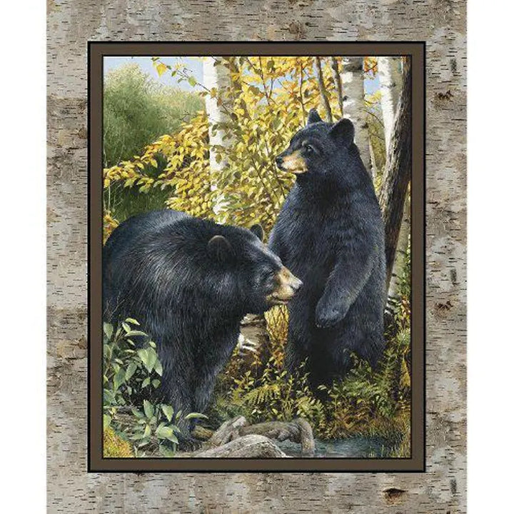 Black Bear Fabric Panel 36"x44", CP59984 Basic Black Wall Panel, Black Bear Quilt Wall Hanging Forest Rocks Trees Water Lake River