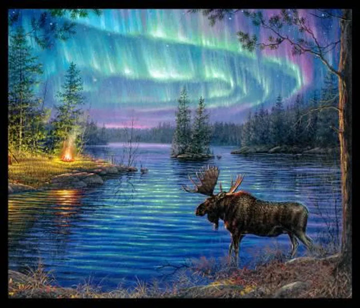 Moose Northern Lights Fabric Panel 36"x43, 9500E-BLK by Elizabeth Studios, Moose Quilt Wall Hanging