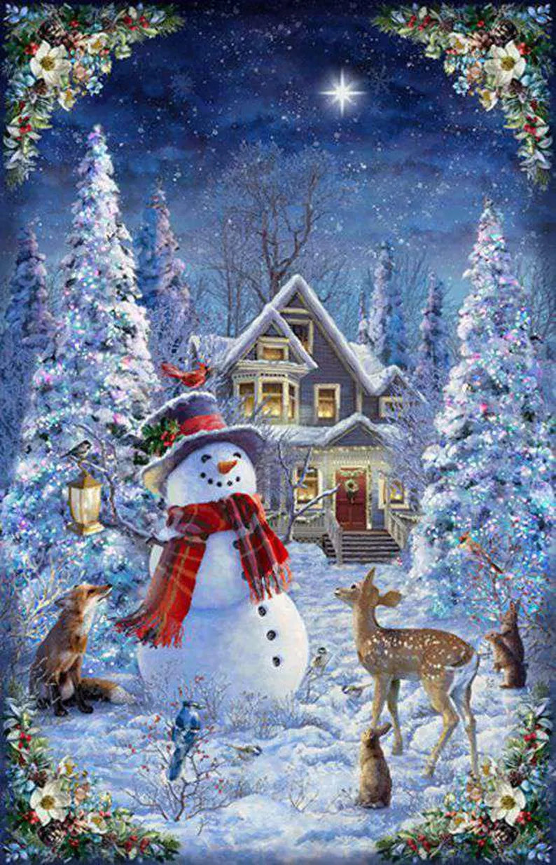 RARE Snowman Kit 43"x59", Hoffman Fabrics, Snowman Deer Fox Rabbit Bluebird Gift Quilt Wall Hanging Lap Discontinued Fabric!