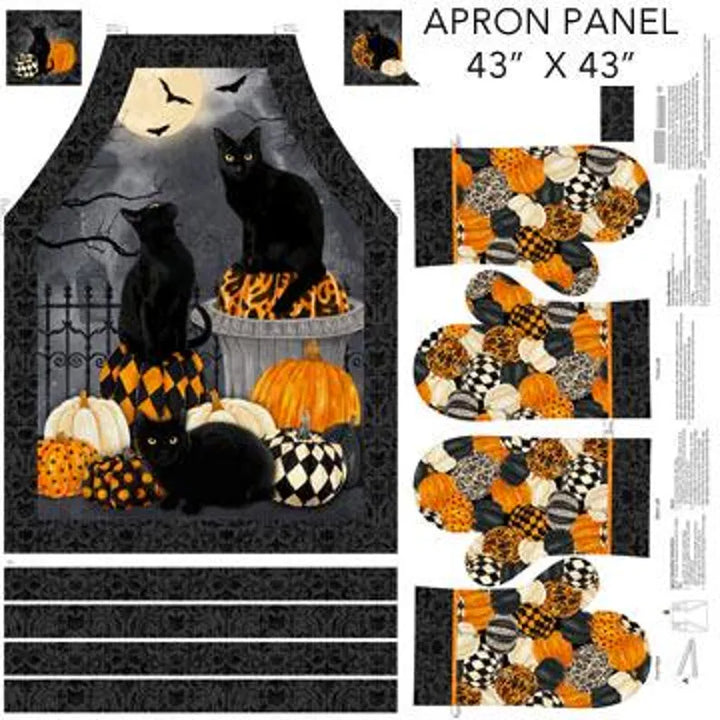 Black Cat Apron Oven Mitt Panel 43"x43", Includes print for matching Oven Mitts, Hallow's Eve fabrics by Northcott fabrics Pumpkins Spooky