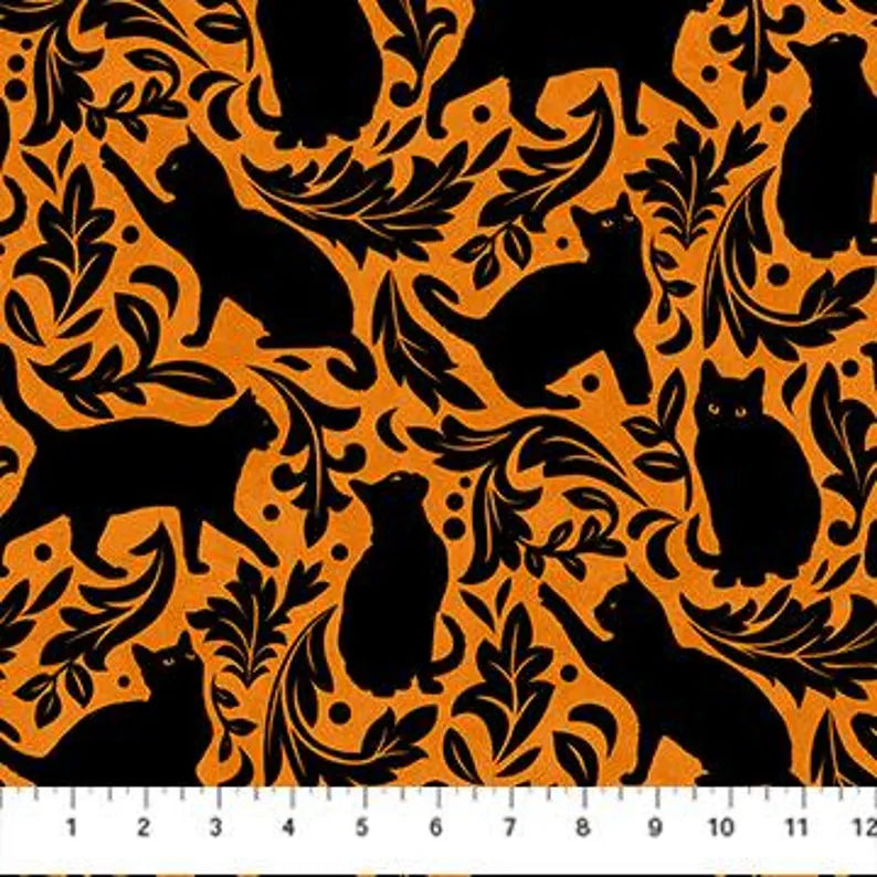 Black Cat fabric 1/2 yard, Hallow's Eve fabrics by Northcott fabrics, Halloween fabric bed quilt wall hanging Pumpkins Spooky