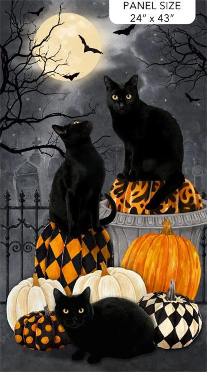 RARE Black Cat Fabric Panel 23"x43", Hallow's Eve by Northcott fabrics, Halloween Bed Gift Quilt Pumpkins Spooky, Discontinued Fabric!