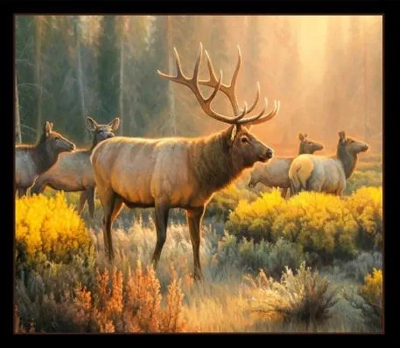 Elk Fabric Panel 23"x43", 9204E-BLACK by Elizabeth Studios, Elk Quilt Wall Hanging Runner Mountains